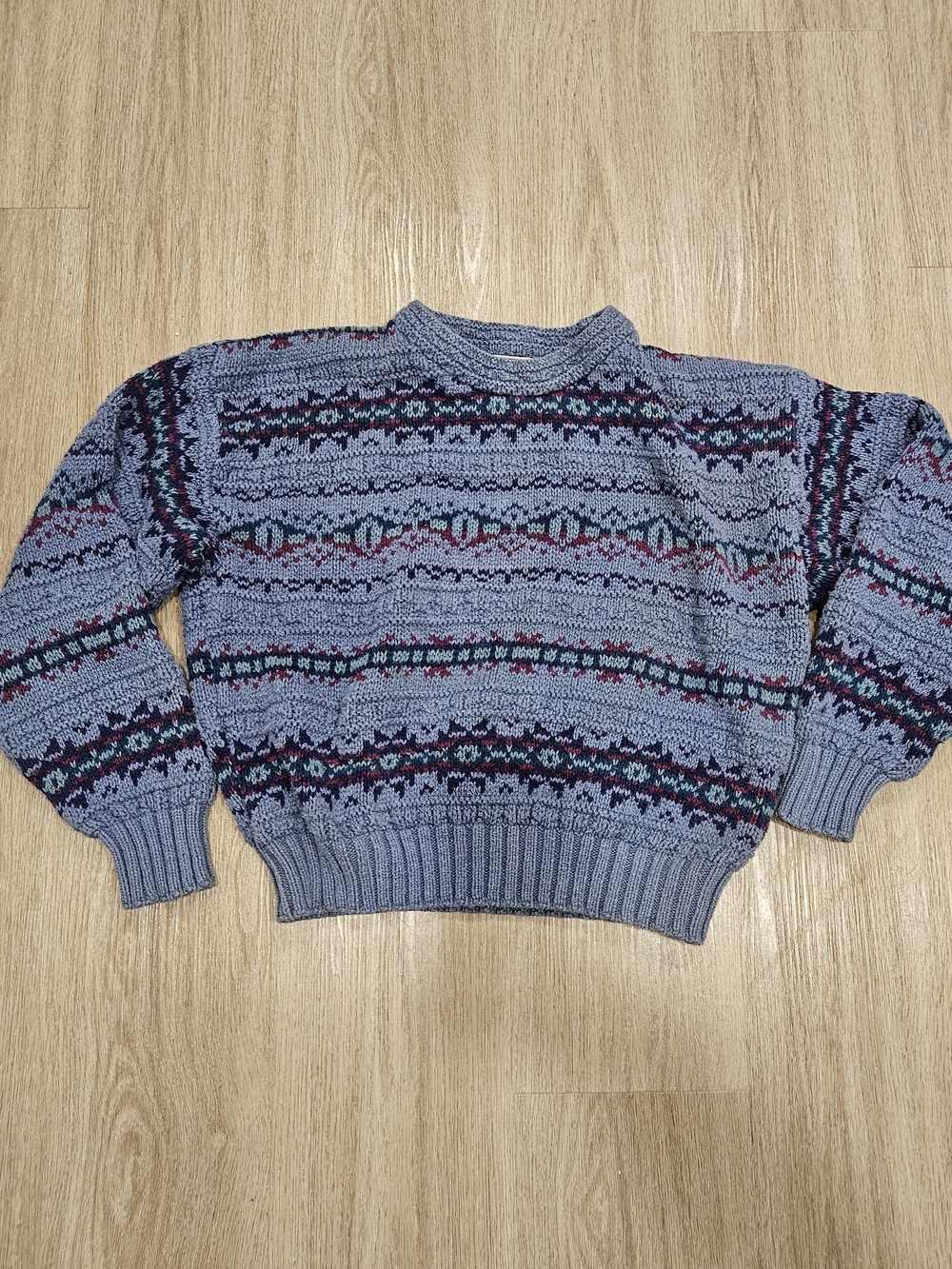 Vintage LL Bean Made in USA Fair Isle Knit Sweater Size Medium Blue Heavyweight